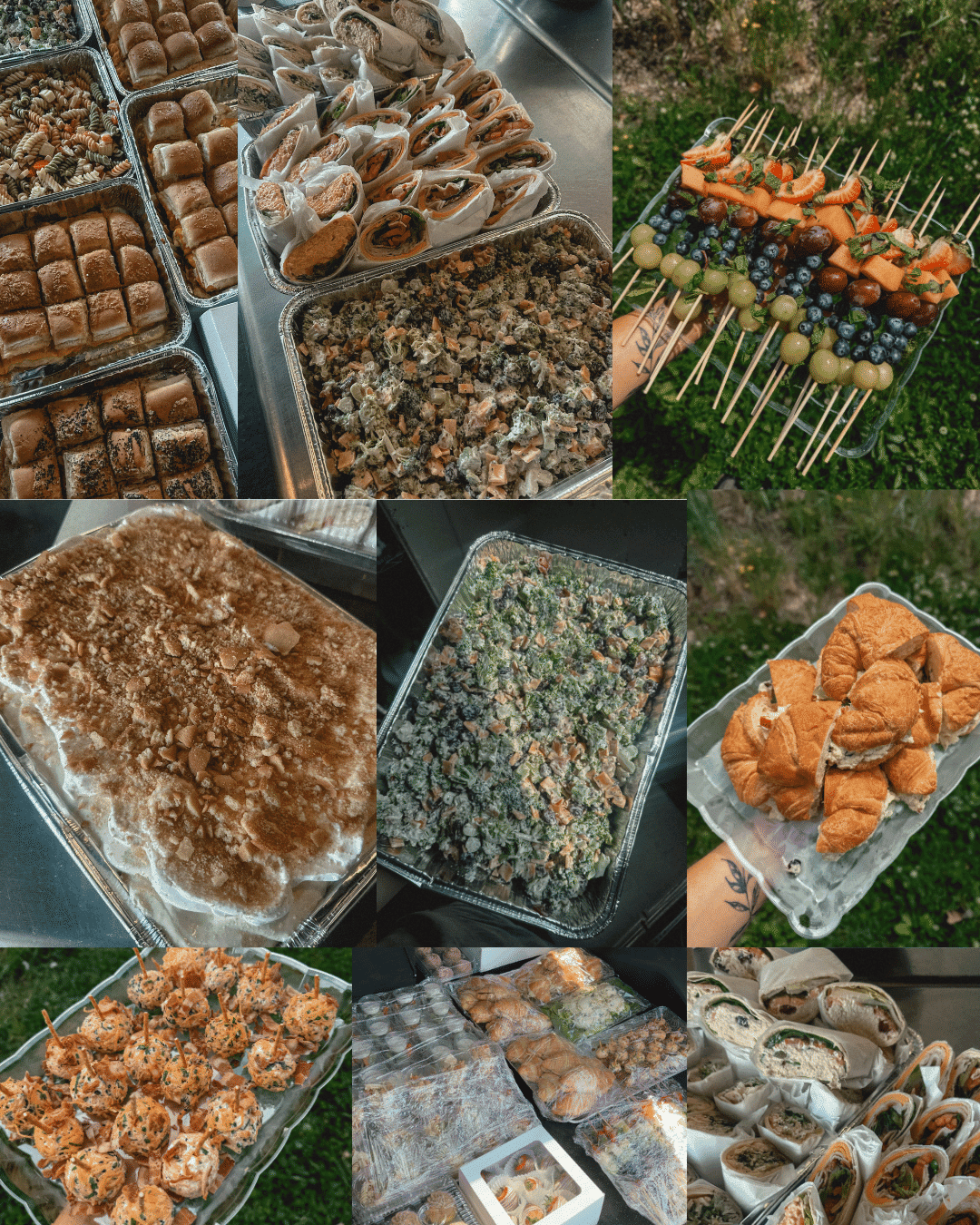 A variety of catered dishes including wraps, pastries, kebabs, and salads displayed outdoors.