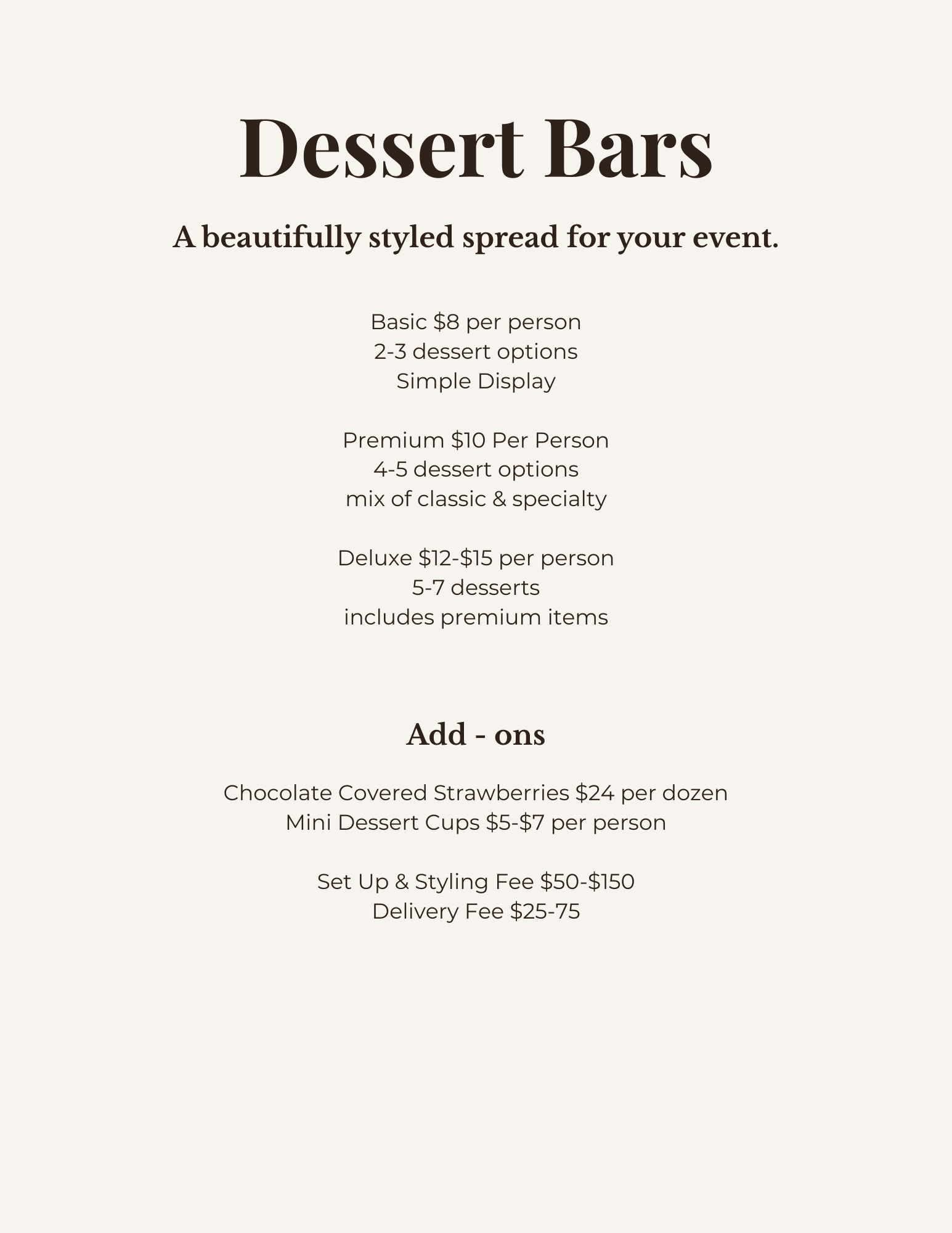 Dessert bar menu with pricing for basic, premium, and deluxe options plus add-ons.