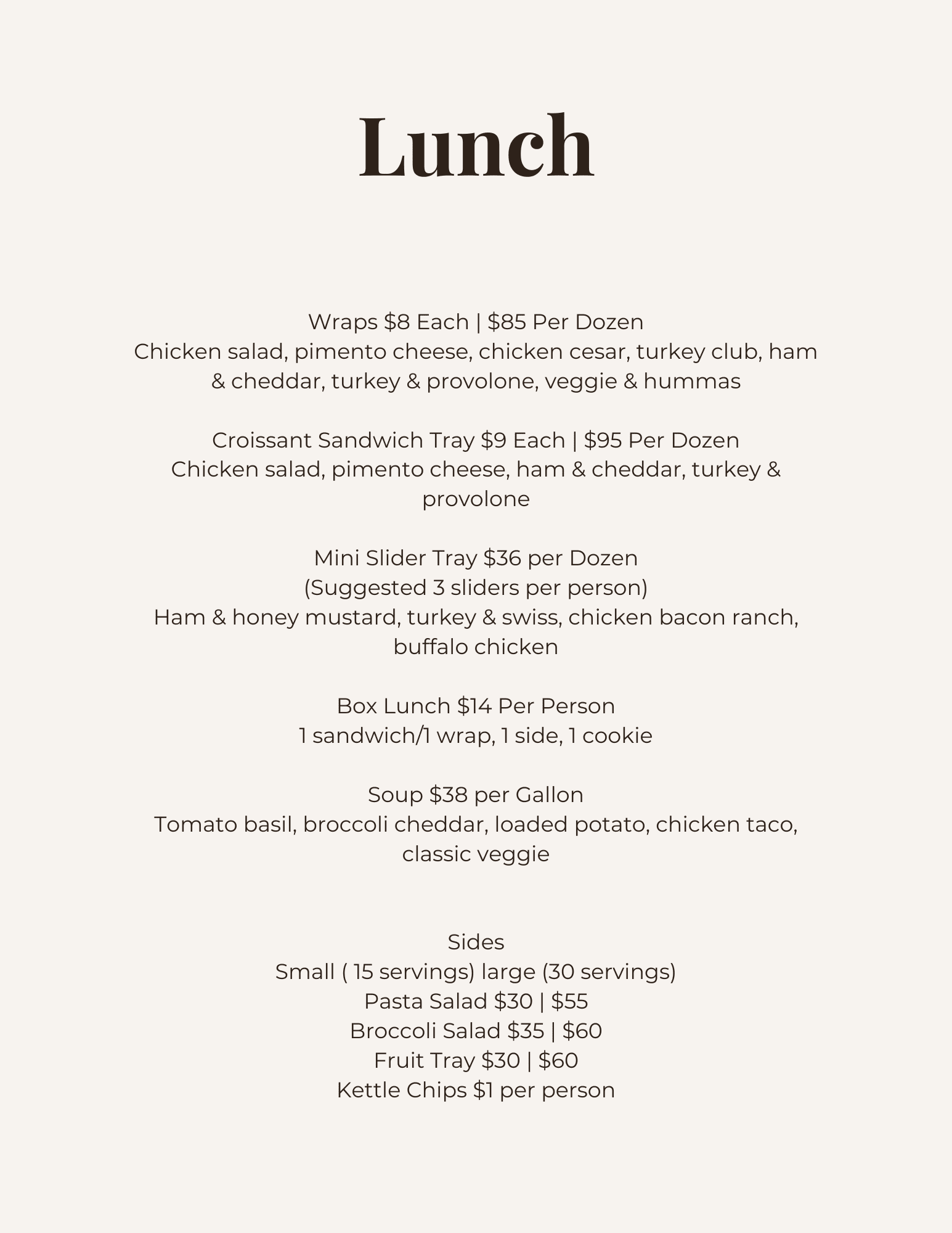 Lunch menu featuring wraps, trays, soup, sides, and individual boxes with pricing.