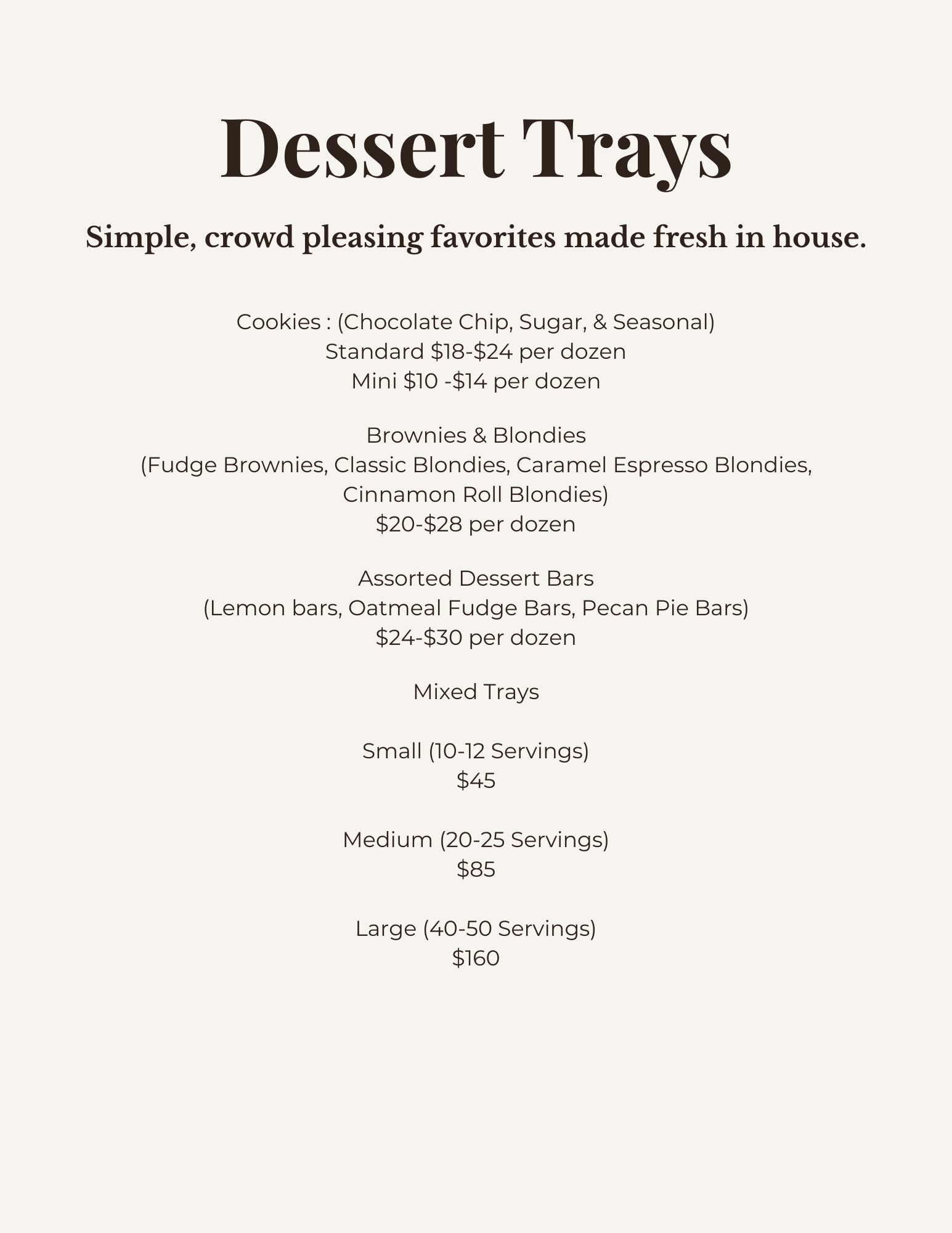 Dessert trays menu: cookies, brownies, dessert bars, and mixed trays with pricing details.