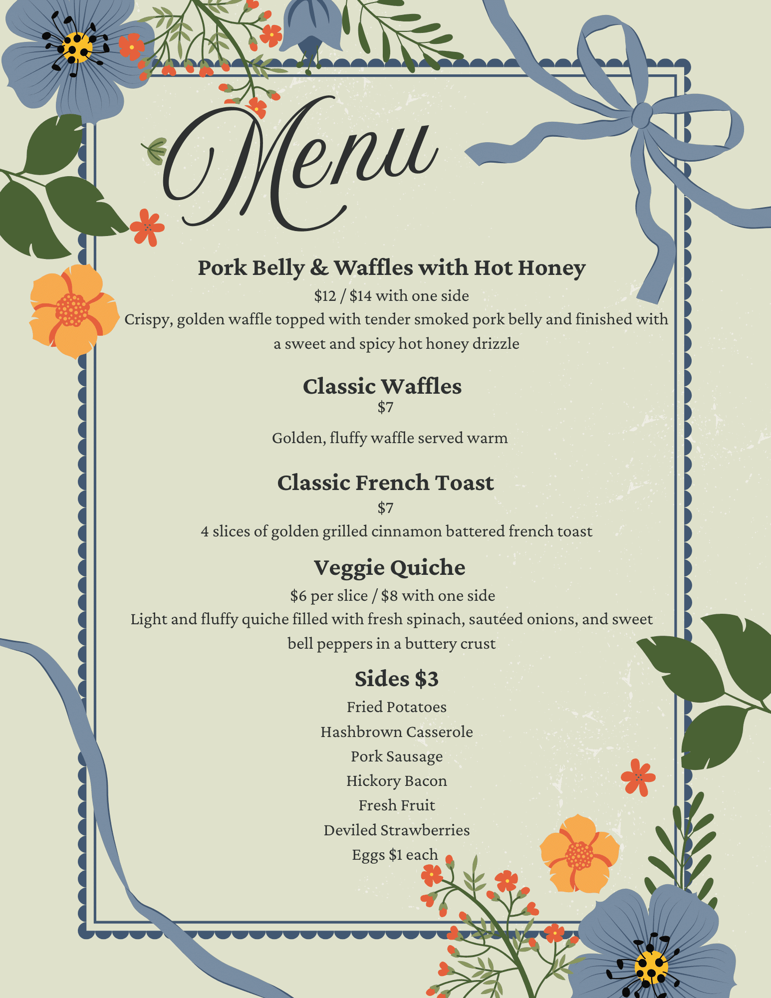 Menu featuring pork belly waffles, fries, quiche, fresh fruit, and classic French toast.