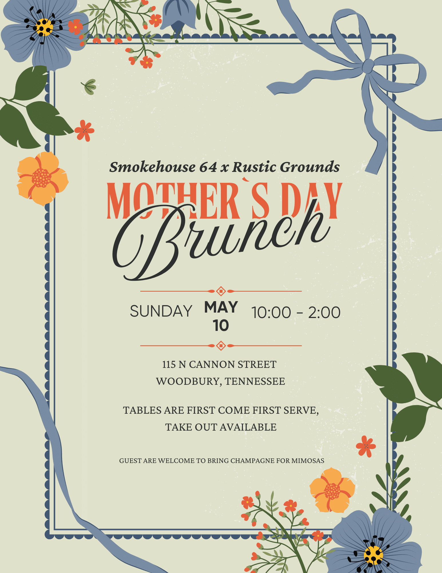 Mother's Day Brunch event flyer with date, time, location, and floral decoration.